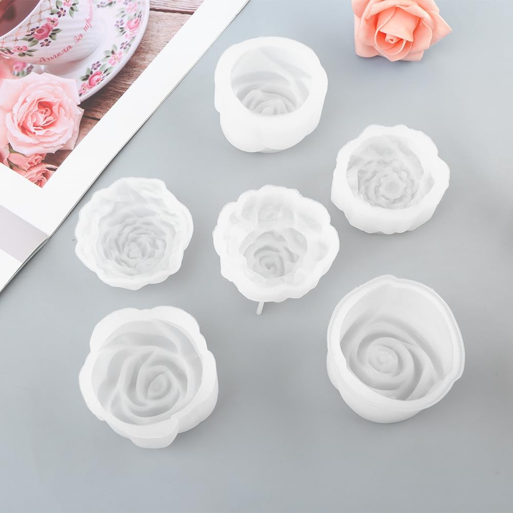 Silicone Candle Molds, 6 Pack, Rose Flower Shape, 2.5 Inch, Non-Stick Easy Release, White, for DIY Candle Making Soap Resin Crafts