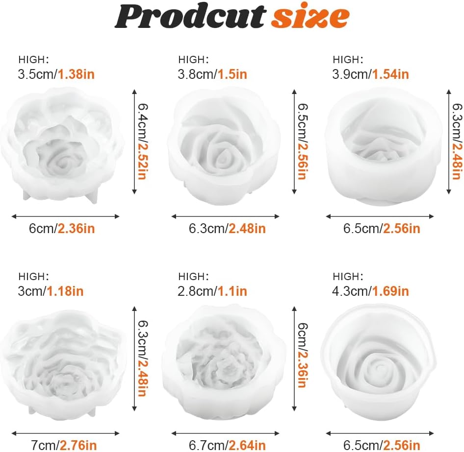 Silicone Candle Molds, 6 Pack, Rose Flower Shape, 2.5 Inch, Non-Stick Easy Release, White, for DIY Candle Making Soap Resin Crafts
