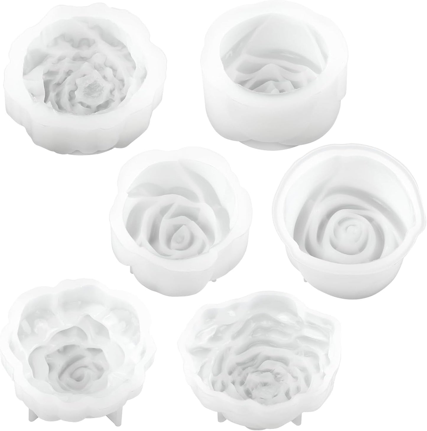Silicone Candle Molds, 6 Pack, Rose Flower Shape, 2.5 Inch, Non-Stick Easy Release, White, for DIY Candle Making Soap Resin Crafts