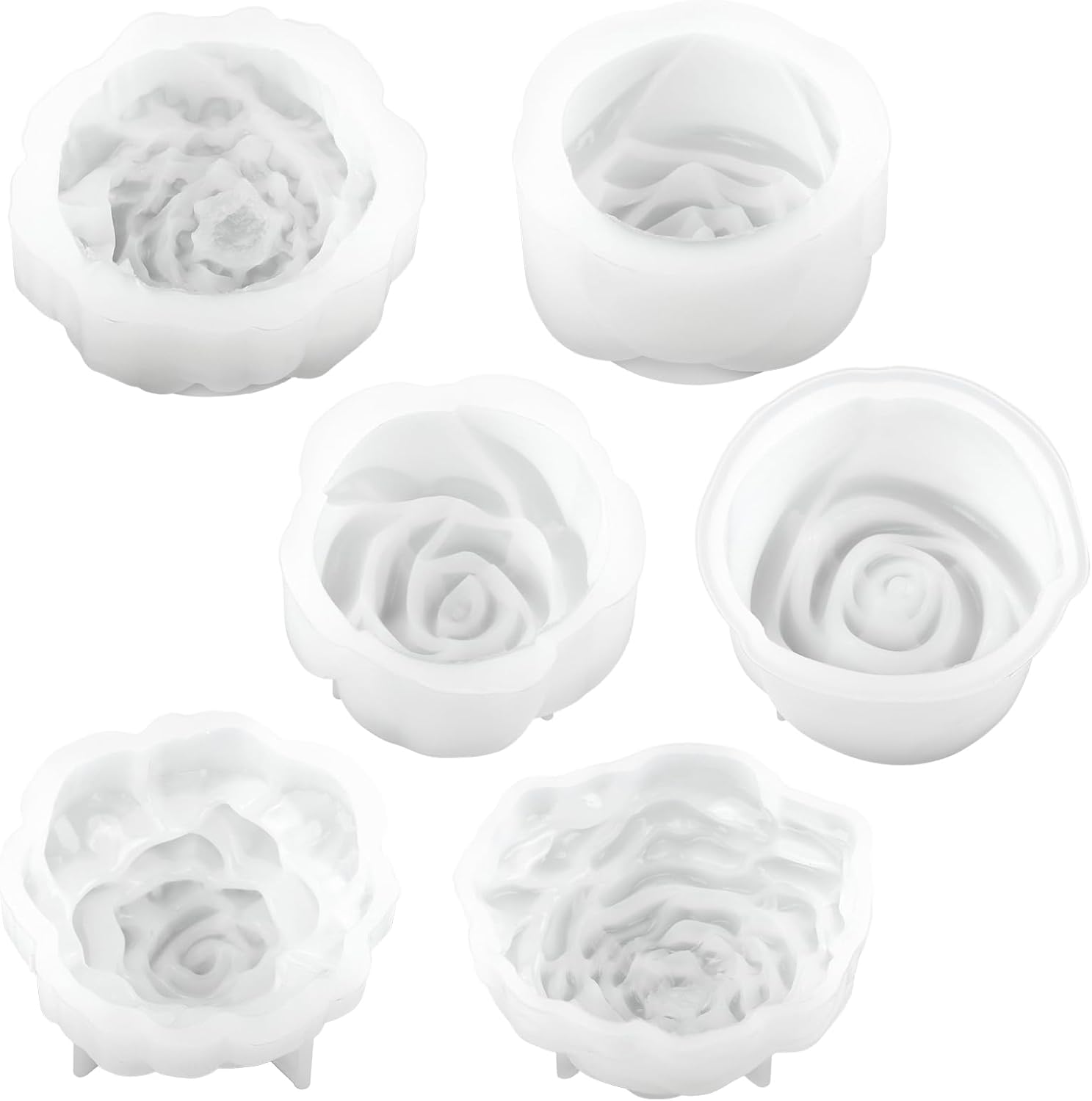 Silicone Candle Molds, 6 Pack, Rose Flower Shape, 2.5 Inch, Non-Stick Easy Release, White, for DIY Candle Making Soap Resin Crafts