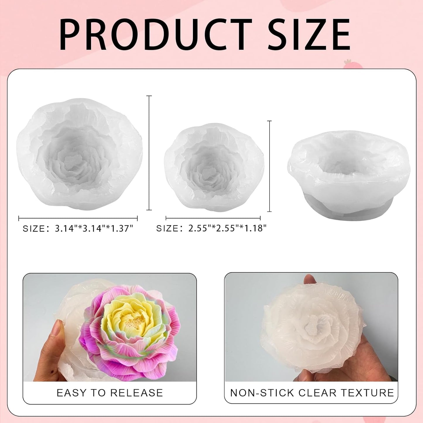 Peony Candle Molds 2pcs 3.14 inch and 2.55 inch Big Flower Silicone Candle Mold Peony Fondant Mold for Jelly Chocolate Mousse Cake Decor 3D Candle Soap Floral Epoxy Resin Casting Clay Mould