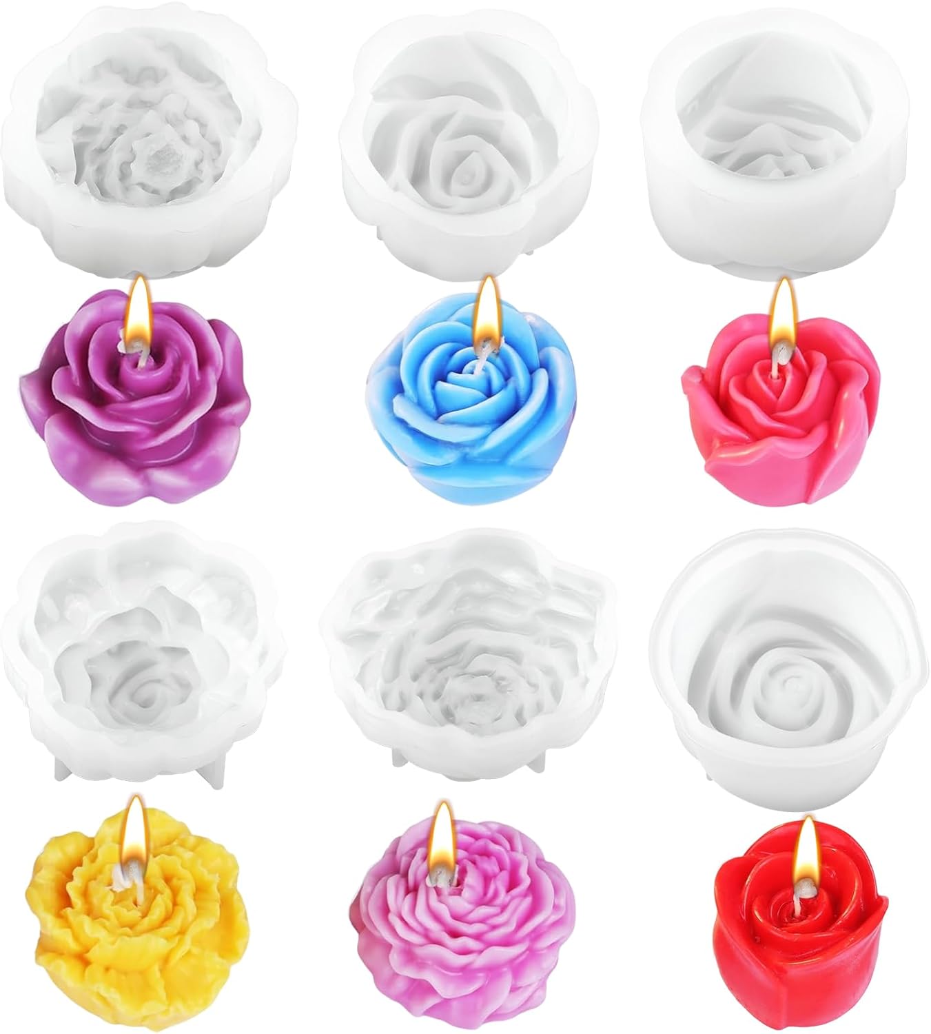 Silicone Candle Molds, 6 Pack, Rose Flower Shape, 2.5 Inch, Non-Stick Easy Release, White, for DIY Candle Making Soap Resin Crafts