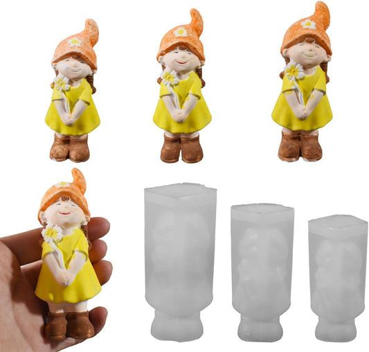 Gnome Girl Candle Silicone Mold, DIY Handmade Flower Girl Figurine Craft Mold, Small Medium Large Plaster Decoration, 3 Piece Set