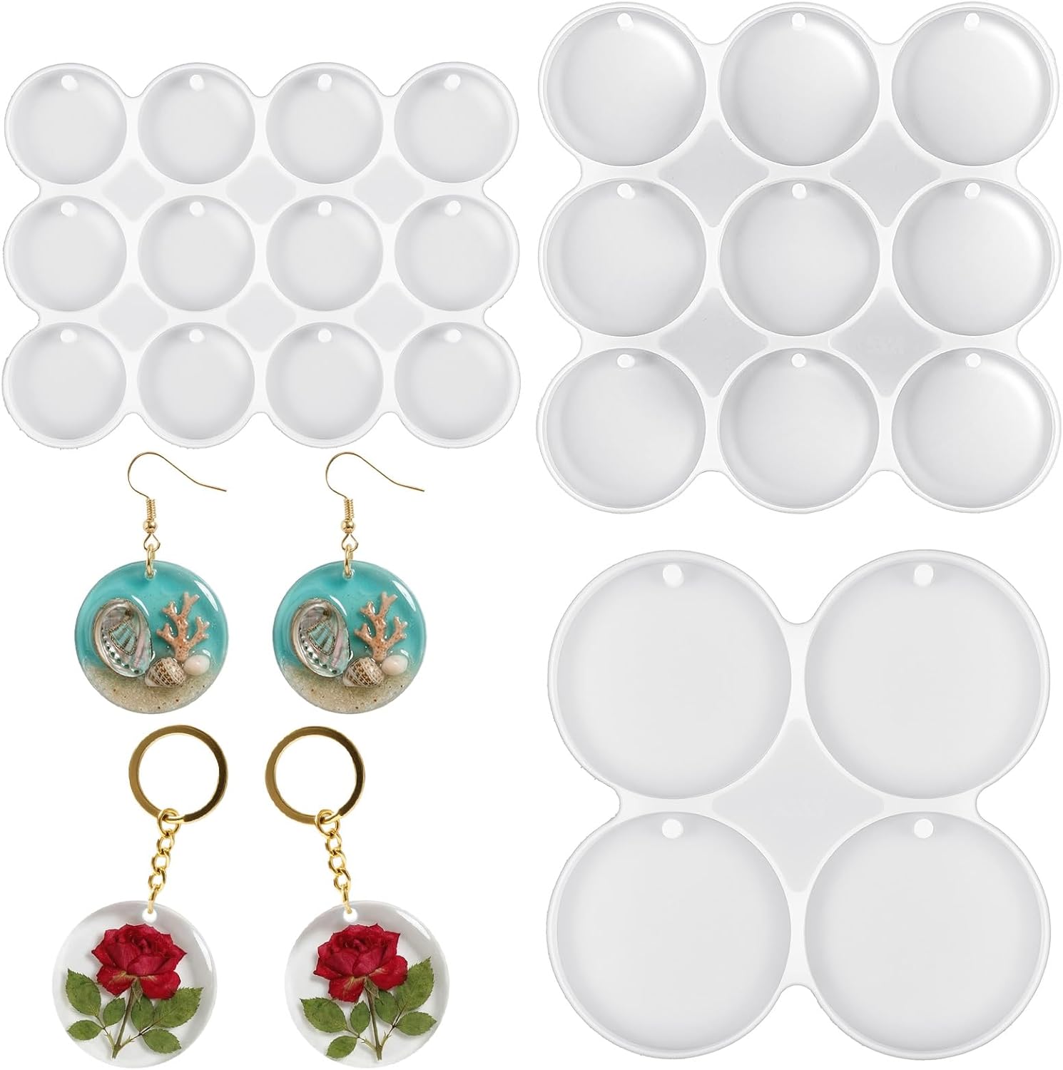 3pcs Silicone Circle Mold,Round Resin Molds Silicone,Key Chain Resin Molds with Hole,4/9/12-Cavity Round Pendant Ornament Mold for DIY Jewelry,Keychains,Ornaments