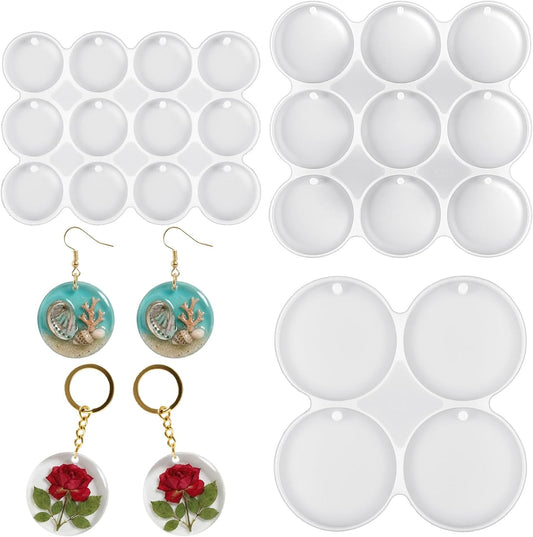 3pcs Silicone Circle Mold,Round Resin Molds Silicone,Key Chain Resin Molds with Hole,4/9/12-Cavity Round Pendant Ornament Mold for DIY Jewelry,Keychains,Ornaments