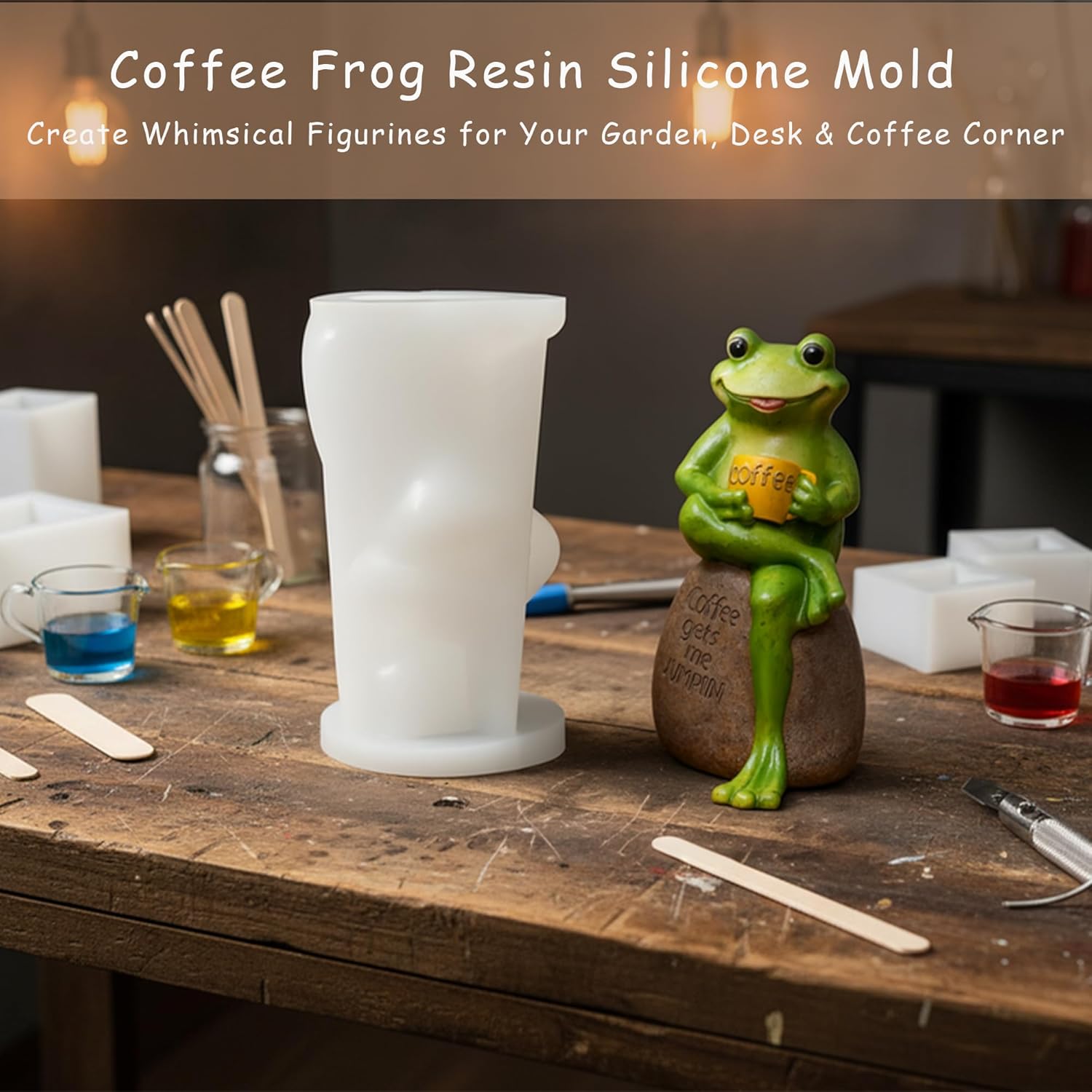 1 Pc Cross-Legged Coffee Frog Silicone Resin Mold 3D Sitting Frog Epoxy Resin Casting Mold for DIY Epoxy Crafts Garden Decor Desk Ornaments Birthday Party Gifts Bookends Home Decoration