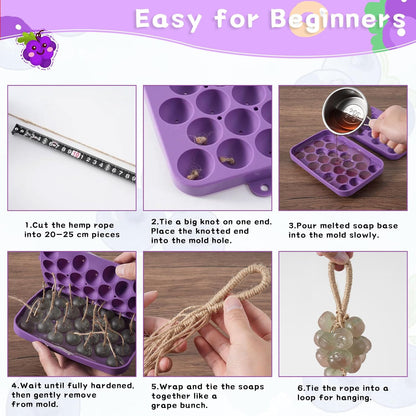 Silicone Grape Soap Mold Kit for Soap Making, DIY Handmade Soap Mold with 6 Colourful Twine and 2 Threading Tools, Reusable Soap Making Supplies for Crafts, Gifts & Beginners (Grape)
