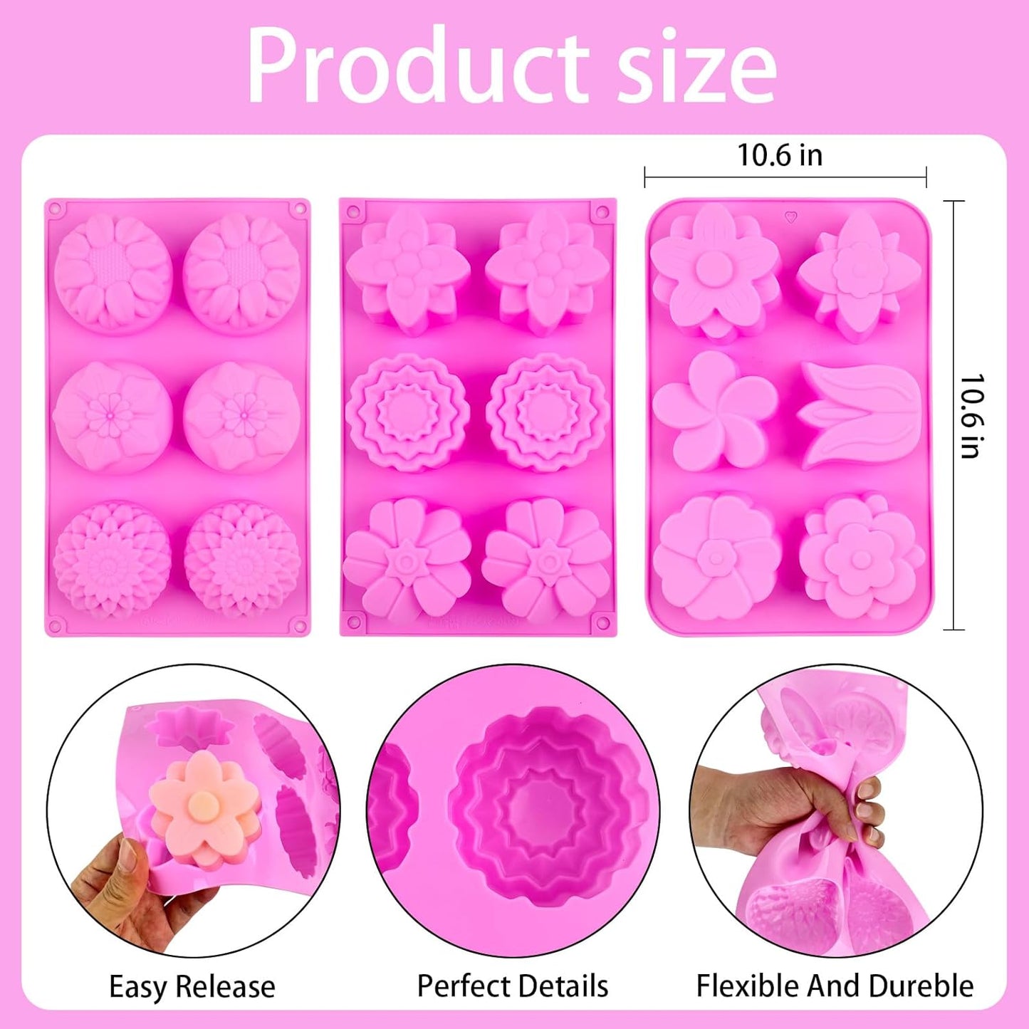Silicone Soap Molds 3 Pack 6 Cavities Different Flower Shapes Silicone Mold for Handmade Soap Bath Bombs Lotion Bar Candle Chocolate Desserts Biscuit Pudding Teacake Jelly