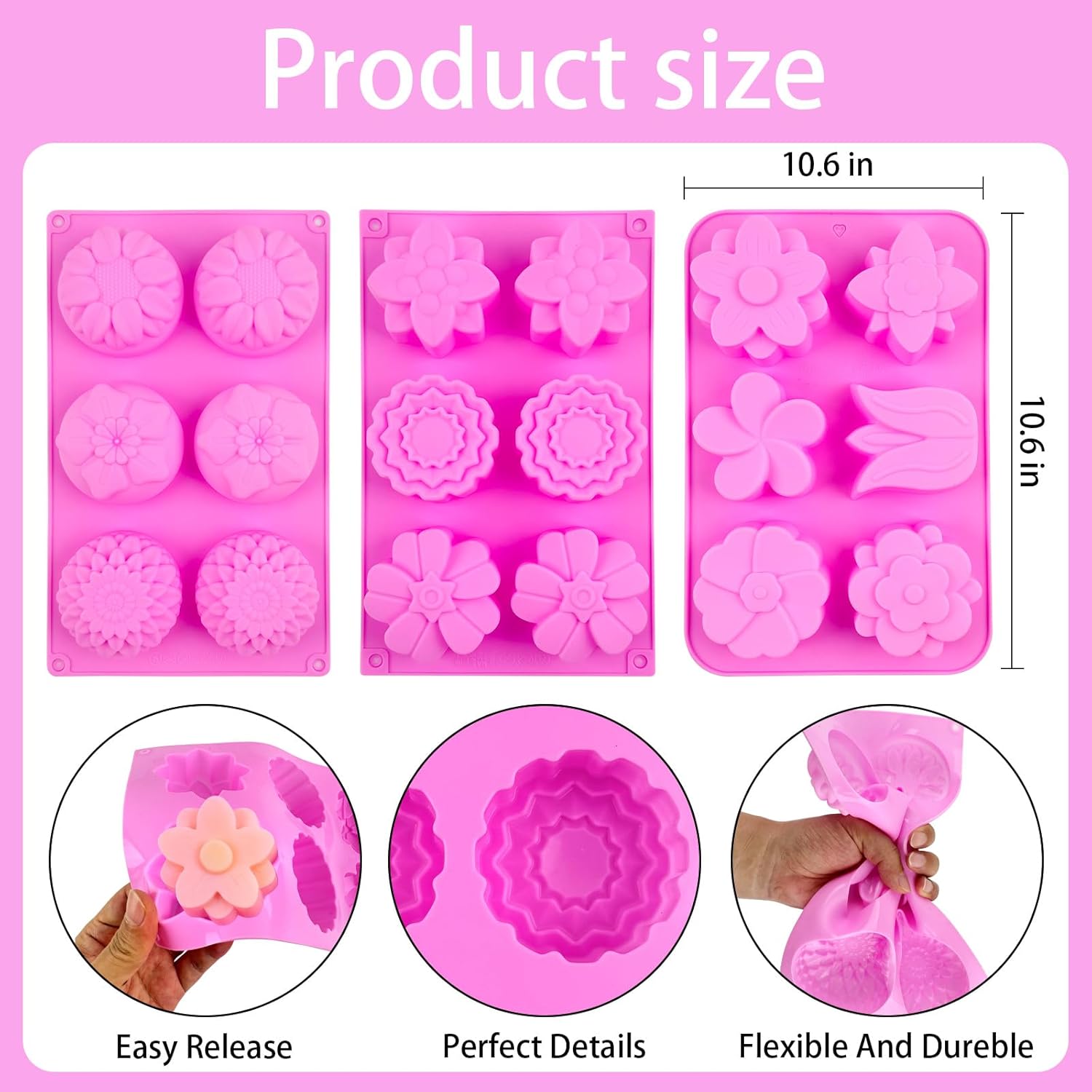 Silicone Soap Molds 3 Pack 6 Cavities Different Flower Shapes Silicone Mold for Handmade Soap Bath Bombs Lotion Bar Candle Chocolate Desserts Biscuit Pudding Teacake Jelly