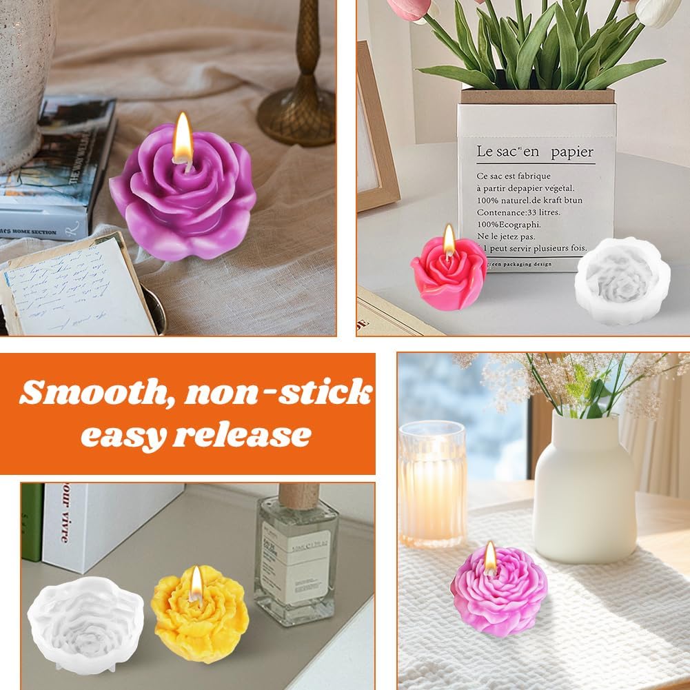 Silicone Candle Molds, 6 Pack, Rose Flower Shape, 2.5 Inch, Non-Stick Easy Release, White, for DIY Candle Making Soap Resin Crafts