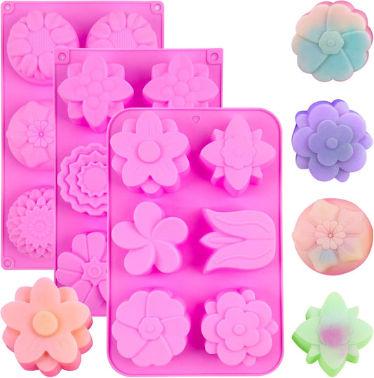 Silicone Soap Molds 3 Pack 6 Cavities Different Flower Shapes Silicone Mold for Handmade Soap Bath Bombs Lotion Bar Candle Chocolate Desserts Biscuit Pudding Teacake Jelly