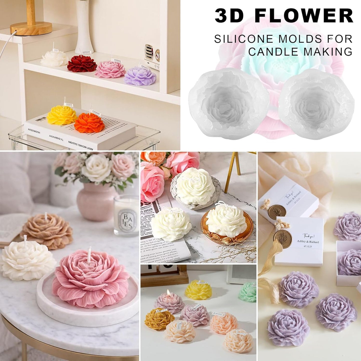 Peony Candle Molds 2pcs 3.14 inch and 2.55 inch Big Flower Silicone Candle Mold Peony Fondant Mold for Jelly Chocolate Mousse Cake Decor 3D Candle Soap Floral Epoxy Resin Casting Clay Mould