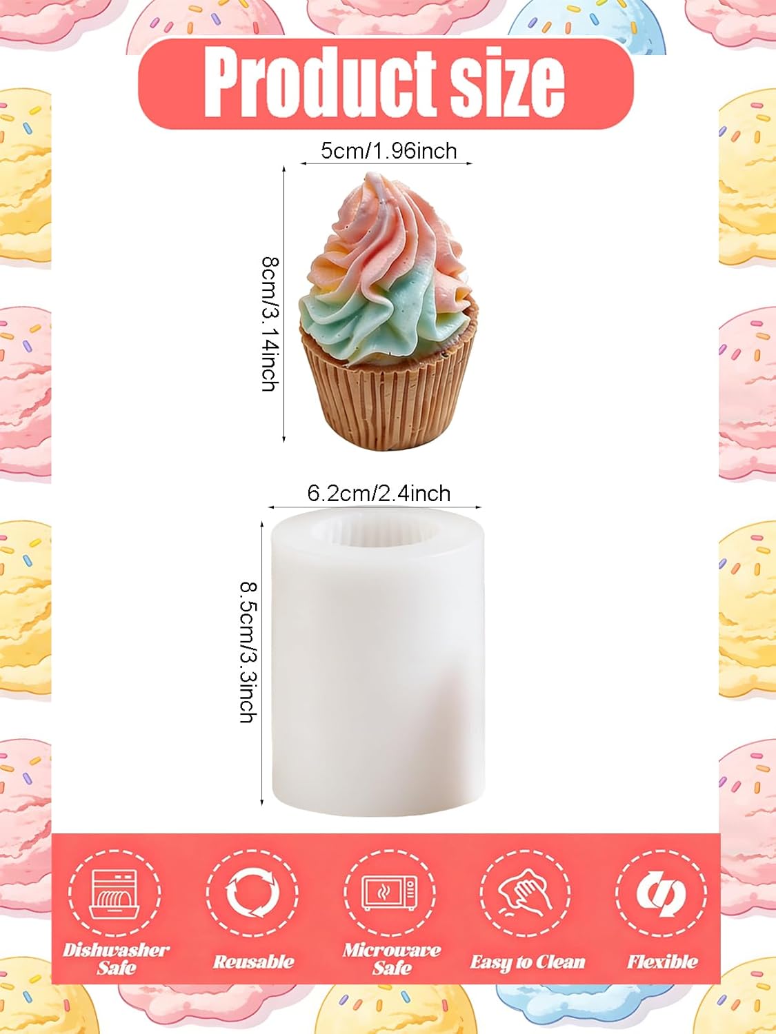 Cupcake Silicone Mold, 2 Pieces Ice-Cream Cupcake Resin Candle Mold Cupcake Shape Cake Mould for Wedding Birthday Party Decor Soap Epoxy Casting DIY Crafts Chocolate Fondant(Ice Cream Cup)
