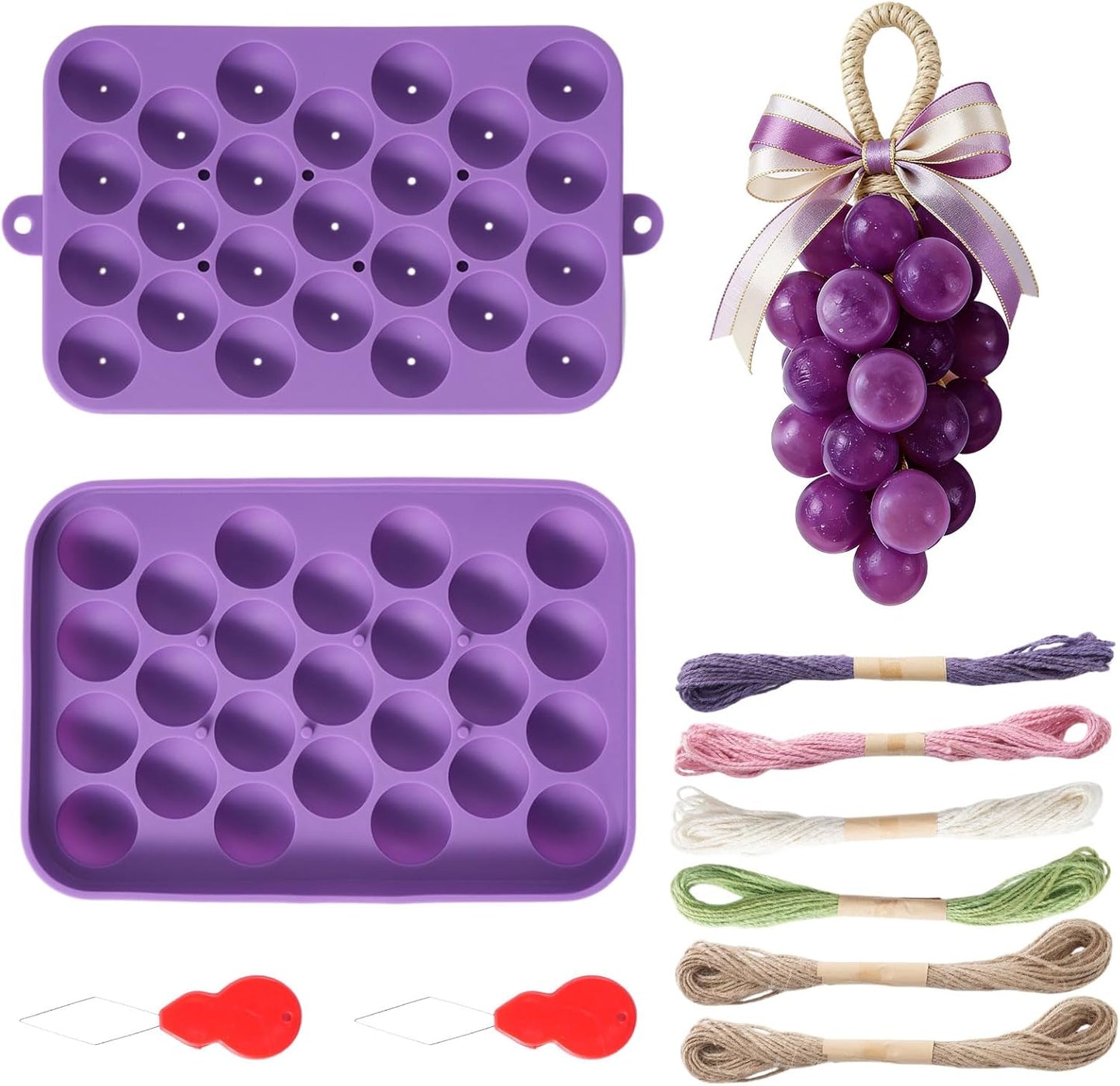 Silicone Grape Soap Mold Kit for Soap Making, DIY Handmade Soap Mold with 6 Colourful Twine and 2 Threading Tools, Reusable Soap Making Supplies for Crafts, Gifts & Beginners (Grape)