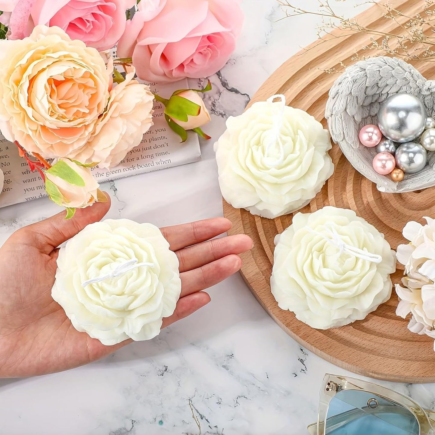 Peony Candle Molds 2pcs 3.14 inch and 2.55 inch Big Flower Silicone Candle Mold Peony Fondant Mold for Jelly Chocolate Mousse Cake Decor 3D Candle Soap Floral Epoxy Resin Casting Clay Mould