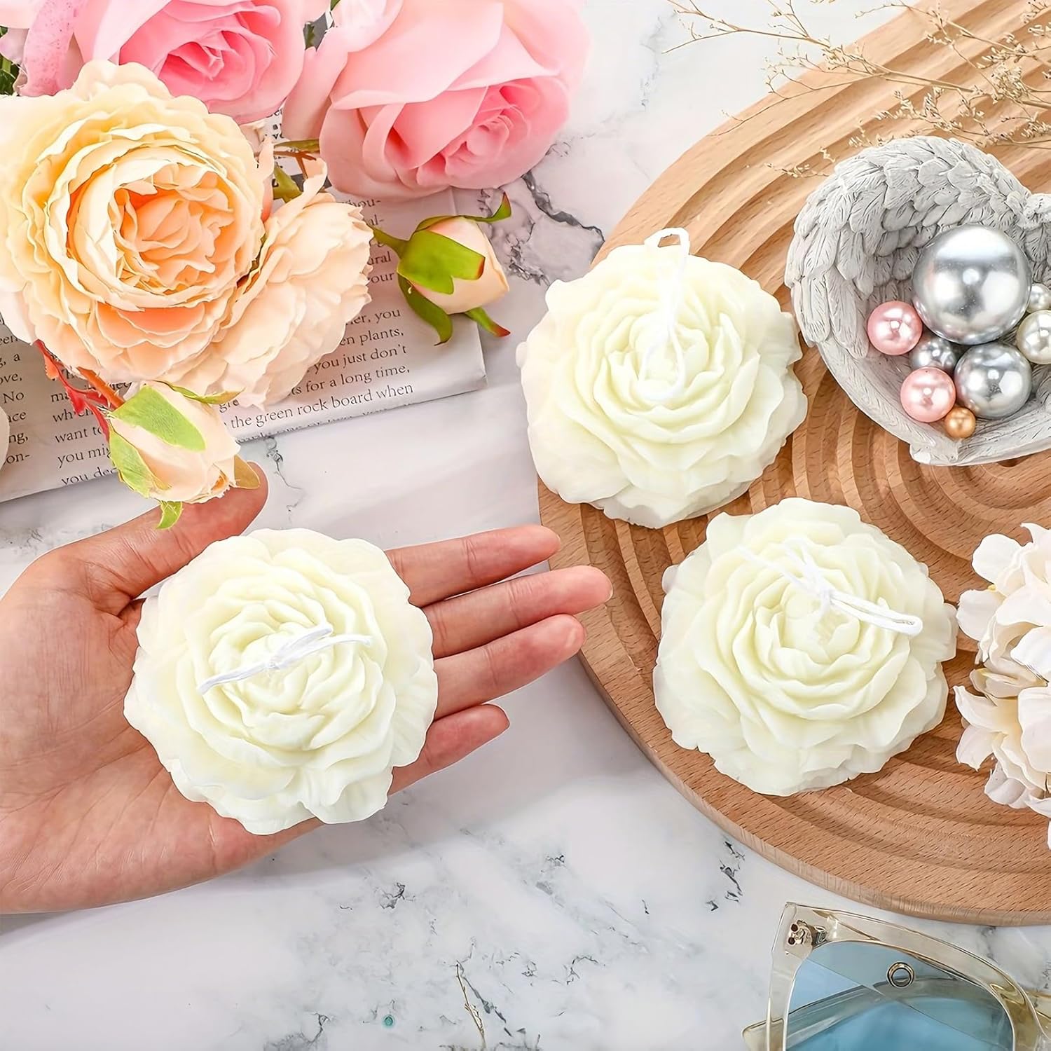 Peony Candle Molds 2pcs 3.14 inch and 2.55 inch Big Flower Silicone Candle Mold Peony Fondant Mold for Jelly Chocolate Mousse Cake Decor 3D Candle Soap Floral Epoxy Resin Casting Clay Mould
