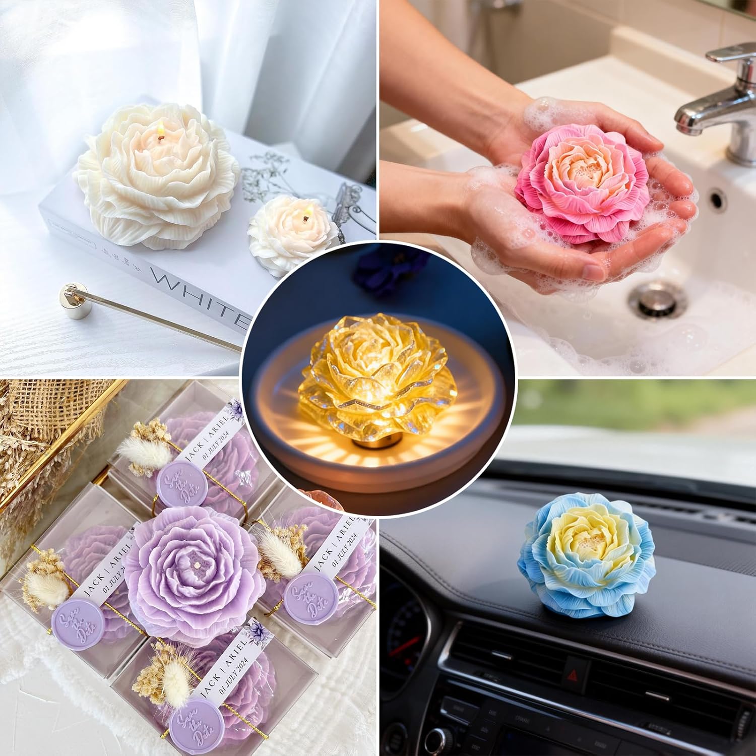 Peony Candle Molds 2pcs 3.14 inch and 2.55 inch Big Flower Silicone Candle Mold Peony Fondant Mold for Jelly Chocolate Mousse Cake Decor 3D Candle Soap Floral Epoxy Resin Casting Clay Mould