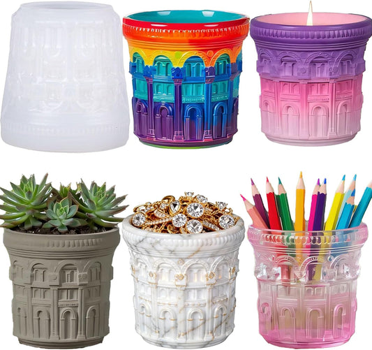 1 Pc 3D Roman Baroque Door Resin Jar Mold European Style Circular Candle Silicone Mold for Epoxy Resin Casting DIY Storage Bottle Jewelry Trinket Container Flower Pot Home Decor Soap